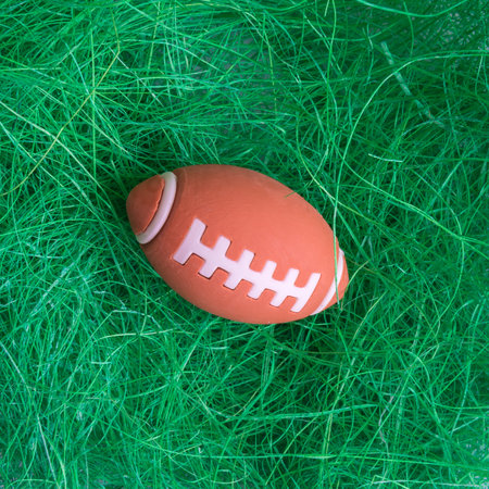 American football ball on green grass minimal creative sport concept.の写真素材