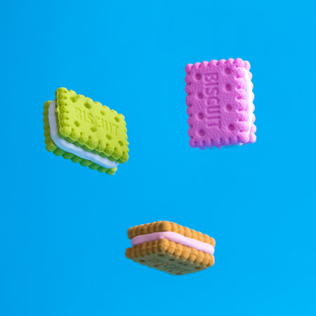 Colorful mini biscuits falling or levitating against pastel blue background minimal sweet food...