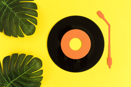 Flat lay of vinyl record and monstera leaves against yellow background minimal summer and music creative concept.の写真素材