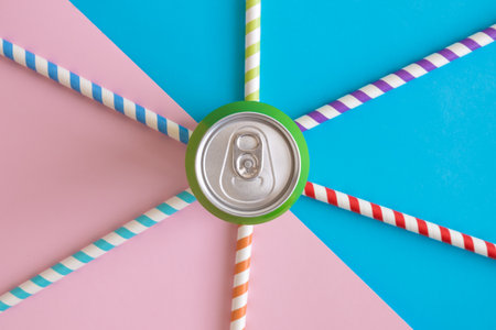 Flat lay of aluminum can and colorful drinking straws on pastel background minimal summer drink creative concept.の写真素材