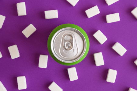 Flat lay of aluminum can with sugar cubes on purple background minimal creative unhealthy food creative concept.の写真素材