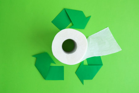 Flat lay of toilet paper with recycle symbol arrows on green background minimal creative ecology concept.の写真素材