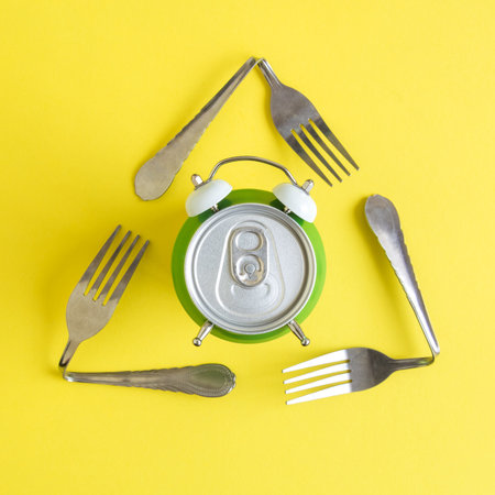 Flat lay of aluminum can in form of alarm clock and triangular eco recycle icon made of forks on yellow background minimal ecology creative concept.の写真素材