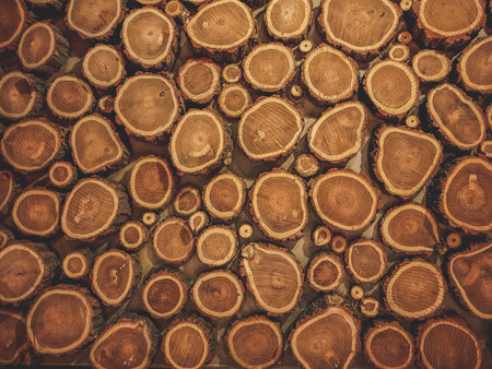 Flat lay of wooden stumps. Round cut down trees with annual rings texture.の写真素材