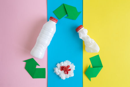 Recycle sign with plastic bottles isolated over pastel background minimal creative eco concept.の写真素材