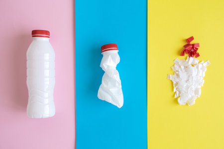 Flat lay of plastic bottle recycling stages on colorful pastel background minimal creative ecology...