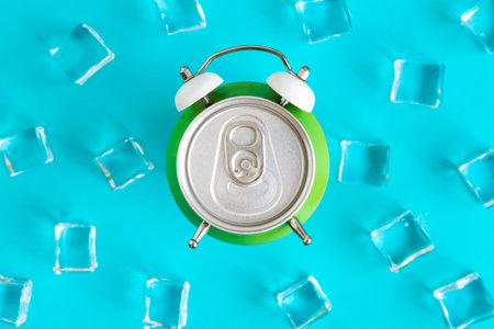 Flat lay of aluminum can in form of alarm clock and ice cubes against blue background minimal creative time for refreshment creative concept.の写真素材