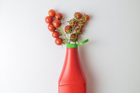 Flat lay of plastic ketchup bottle and red cherry tomatoes plant on pastel pink background abstract.の写真素材