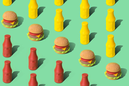 Artificial hamburger with mustard and ketchup bottles pattern junk food composition on green background minimal creative concept.の写真素材