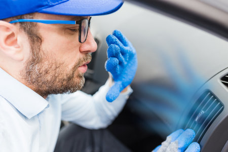 Man protecting himself from car air conditioner bad smell.の写真素材
