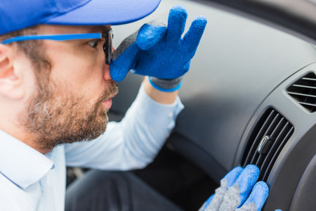 Car wash employee covering his nose with hand because of stink from air duct vent grille.の写真素材