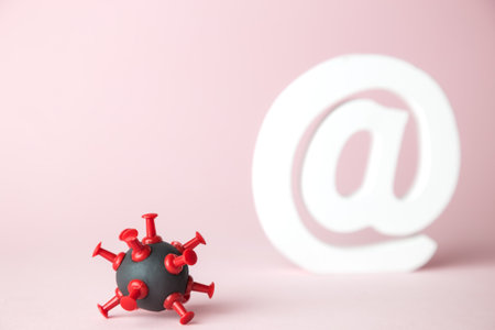 Corona virus cell and email sign minimal creative work from home concept. Space for copy.の写真素材