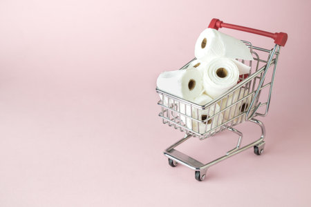 Consumer panic corona virus concept. Toilet paper rolls in shopping cart abstract on pastel pink background.の写真素材