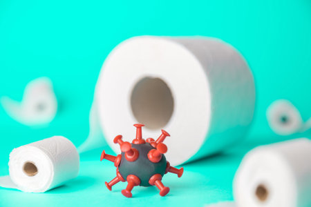 Toilet paper rolls and corona virus cell minimal creative abstract.の写真素材