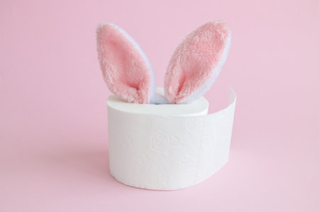 Bunny in roll of toilet paper. Easter holiday celebration during coronavirus pandemic minimal creative concept.の写真素材