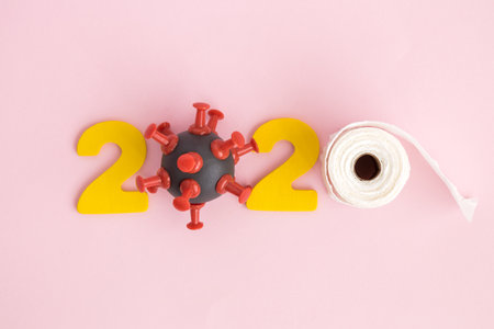 2020 made of wooden numbers coronavirus cell model and toilet paper roll.の写真素材