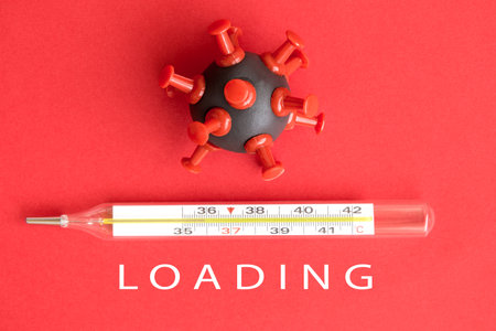 Coronavirus bacteria cell model and thermometer in form of loading bar minimal creative concept.の写真素材