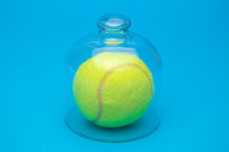 Tennis ball in quarantine. Sport and coronavirus minimal creative concept.の写真素材