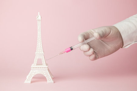 Close up of doctor injecting coronavirus cure into Eiffel Tower minimal creative concept.の写真素材