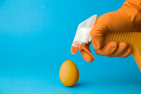 Hand holding spray bottle and spraying easter egg minimal creative coronavirus concept.の写真素材