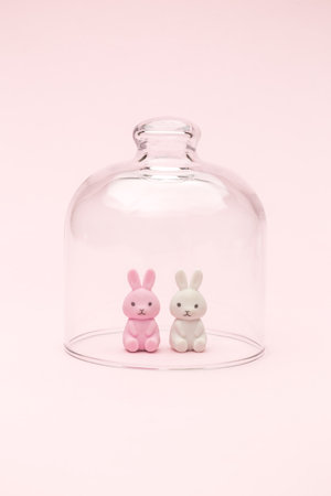 Couple of bunnies under glass cover isolation easter stay at home concept.の写真素材