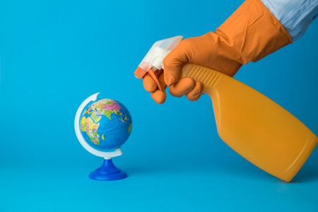Hand wearing glove holding spray bottle of disinfectant next to globe model against blue background minimal creative concept. Space for copy.の写真素材