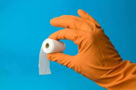 Hand in glove holding small toilet paper roll against blue background minimal creative coronavirus panic concept.の写真素材