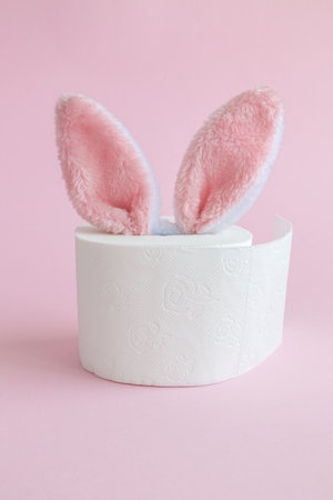 Bunny in roll of toilet paper. Easter holiday celebration during coronavirus pandemic minimal creative concept.の写真素材