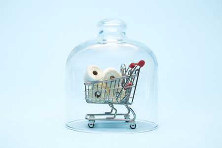 Shopping cart full of toilet paper rolls in quarantine corona virus global pandemic concept minimal creative conceptの写真素材
