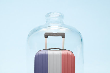 Suitcase with French flag design in quarantine minimal creative coronavirus travel restriction concept.の写真素材