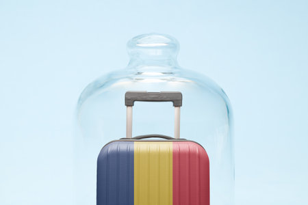 Suitcase with Romania flag design in quarantine minimal creative coronavirus travel restriction concept.の写真素材