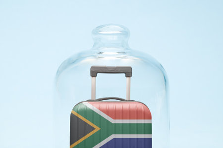Suitcase with South african flag design in quarantine minimal creative coronavirus travel restriction concept.の写真素材