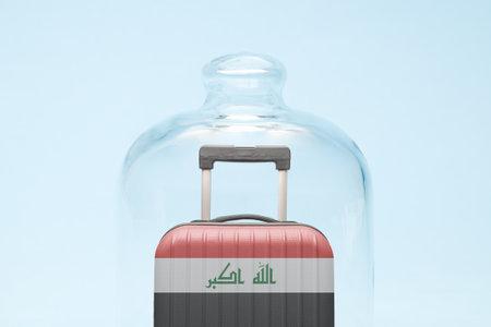 Suitcase with Iraq flag design in quarantine minimal creative coronavirus travel restriction concept.の写真素材