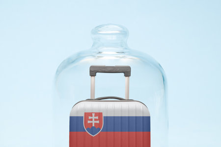Suitcase with Slovak flag design in quarantine minimal creative coronavirus travel restriction concept.の写真素材