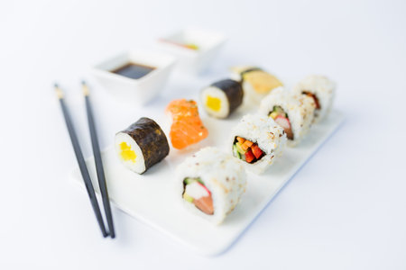 Close up of japanese sushi set on white background.の写真素材