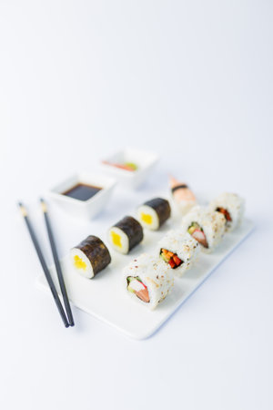 Close up of japanese sushi set on white background.の写真素材