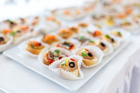 Close up of vegetarian canapes on table. Healthy food concept.の写真素材
