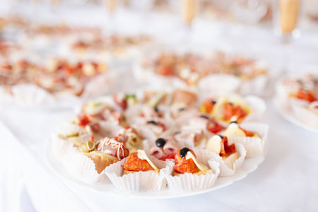Close up of various canapes in plate.の写真素材