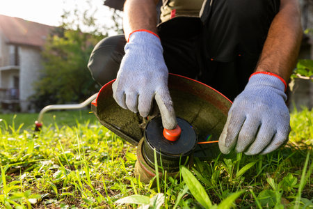 Lawn mower pulls the line out of the trimmer coil - maintenance of garden tools.