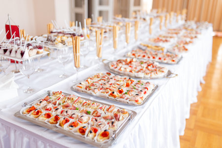 Canapes and appetizers catering service buffet meal concept.の写真素材