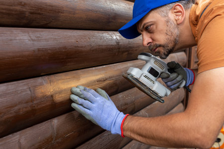 Repairman using sander to renovate wooden house exterior before applying the stain for weather protection.の写真素材