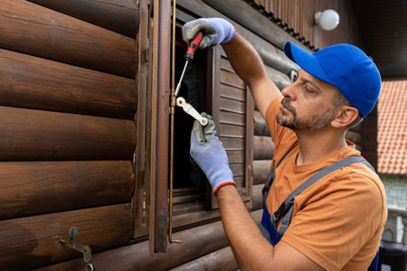 Worker using screwdriver for installing or fixing wooden shutter lockの写真素材