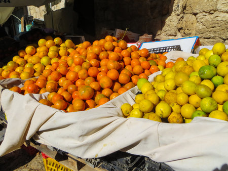 Fresh fruits and vegetables sold at the street market in Israelの写真素材