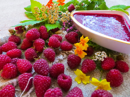 Fresh raspberry and raspberry jam.の写真素材