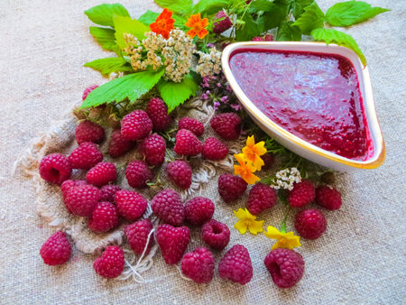 Fresh raspberry and raspberry jam.の写真素材