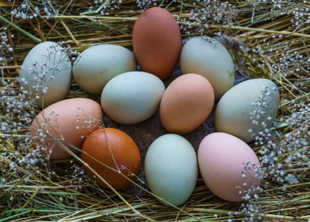 Fresh rustic white-blue and brown chicken eggs of Araucan chickens.の写真素材