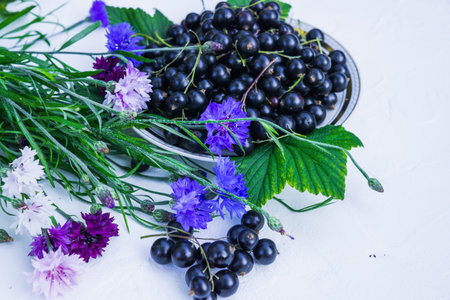 Fresh berries of black currant in a plate on a table. For a diet and saturation with vitaminsの写真素材