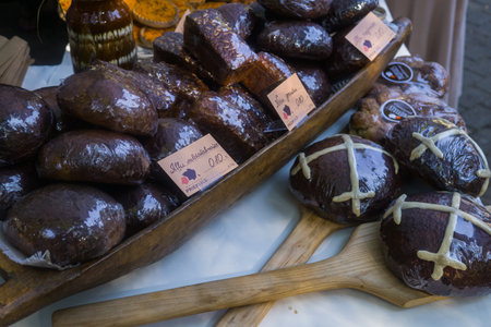 Different kinds of rye delicious bread, sold at the city fairの写真素材