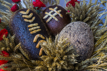 Different kinds of rye delicious bread, sold at the city fairの写真素材