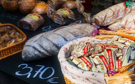Different kinds of rye delicious bread, sold at the city fairの写真素材